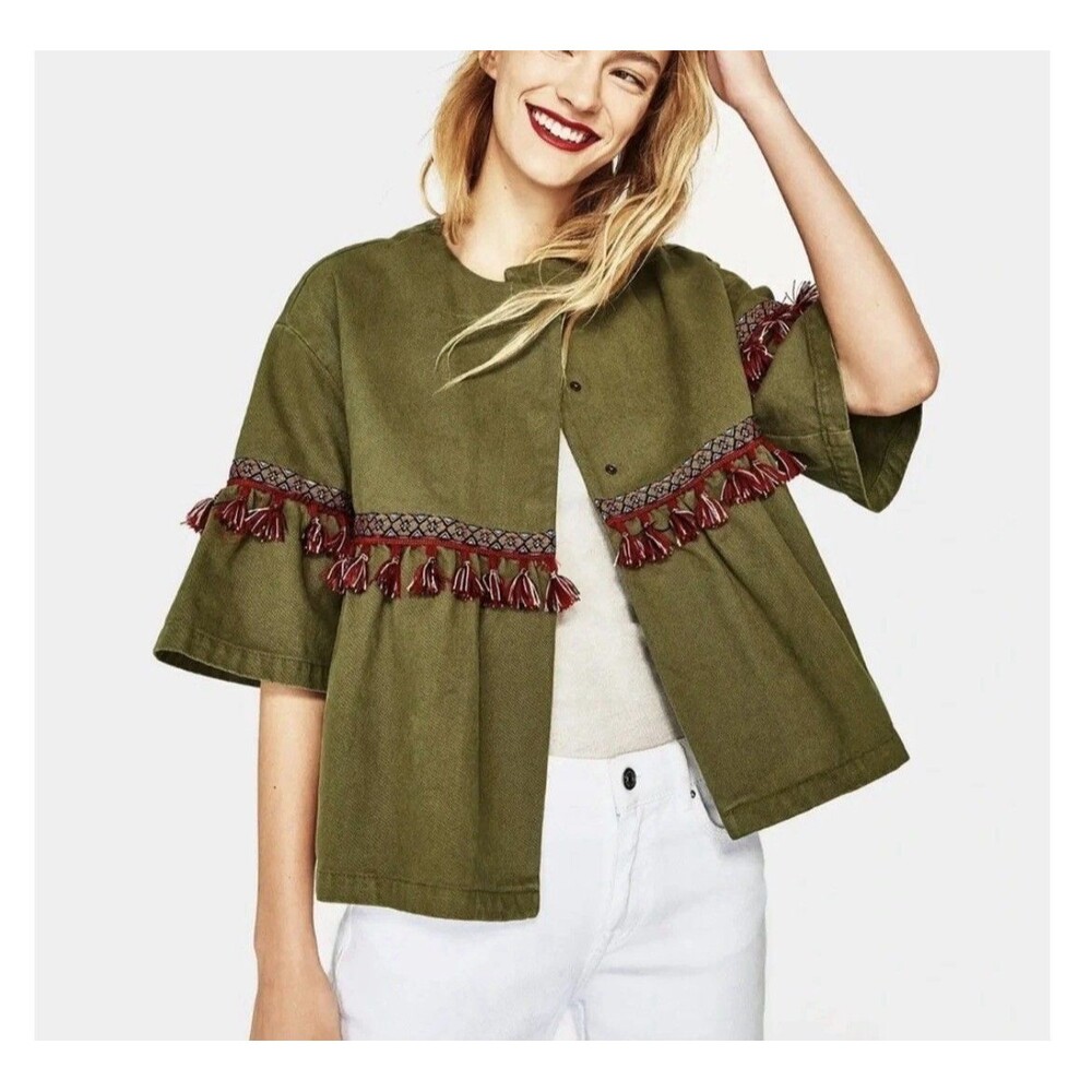 Zara Basic Dept Denim Green Jean Jacket Size S Geometric Embroidery Tassels Boho